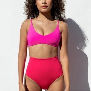 Left On Friday Hot Pink Scoop Bikini Top with High-Waist Bottom, S/M
